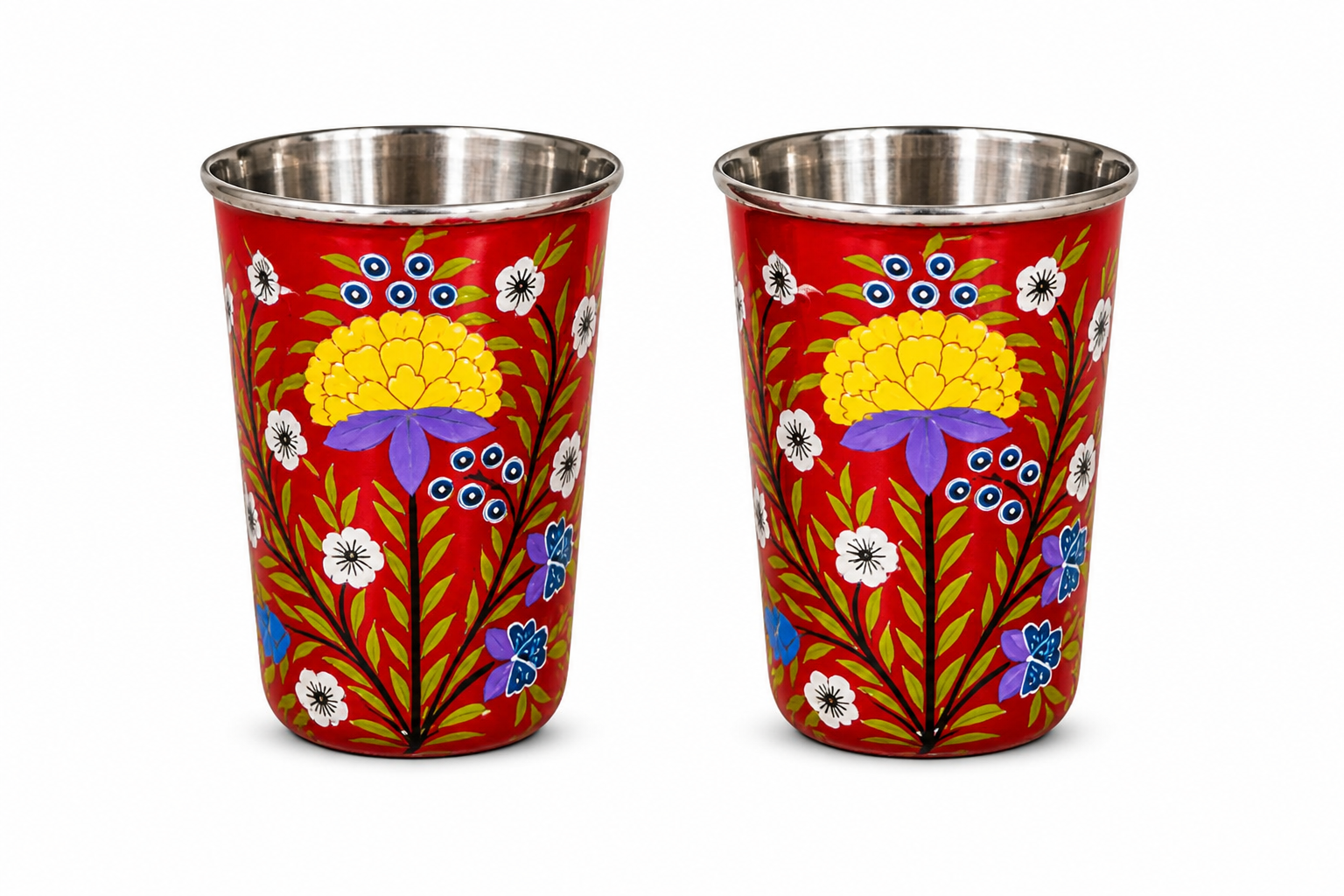 Set of 2 Stainless Steel tumblers ,hand painted glass with lead free colors by Kashmiri artist , Hand painted enamelware tumblers handcrafted
